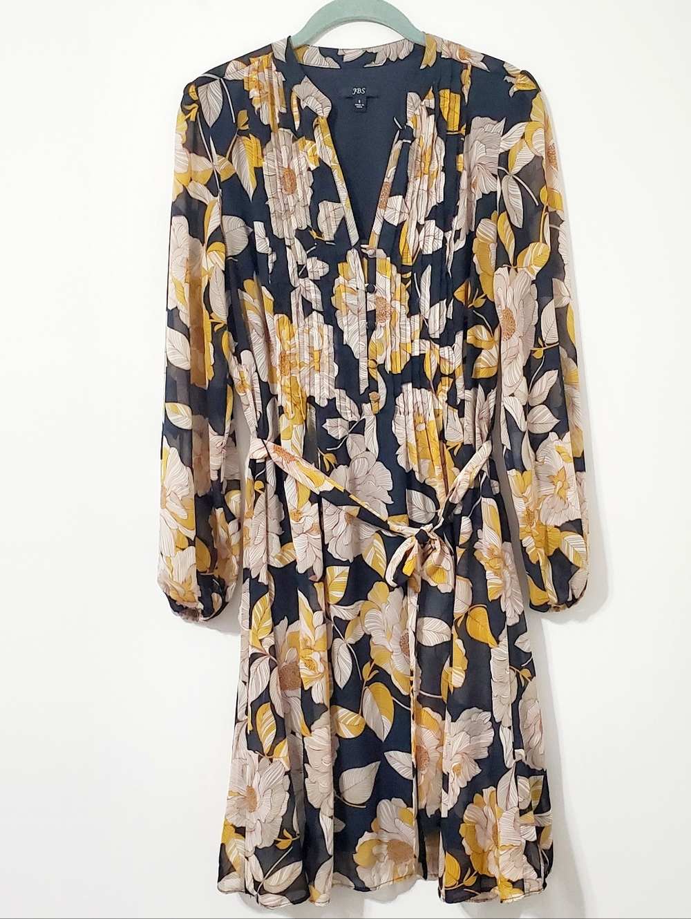 JBS Navy Yellow Floral Belted Knee Length Dress Size 8